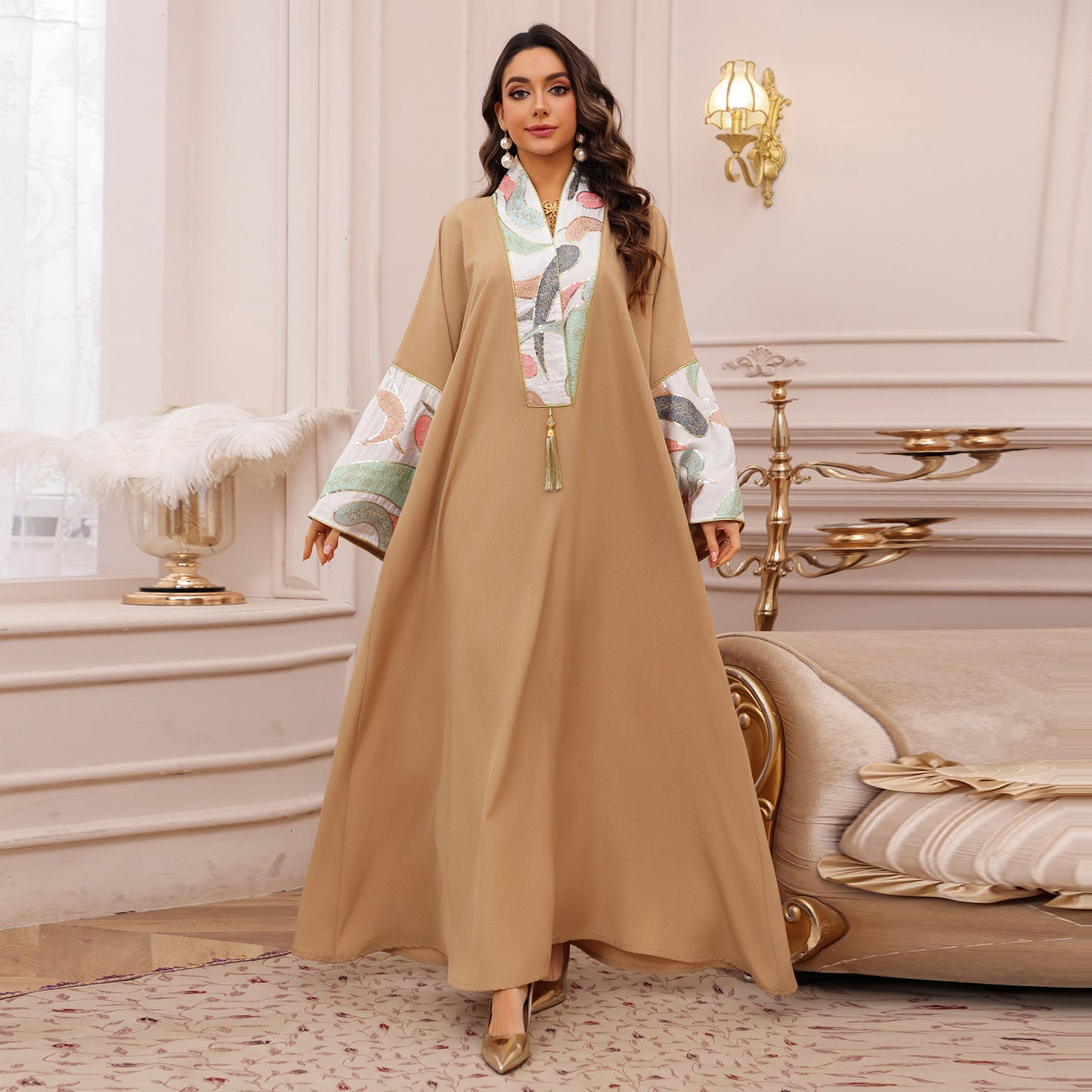Women's Embroidered Panelled Fringed Dress