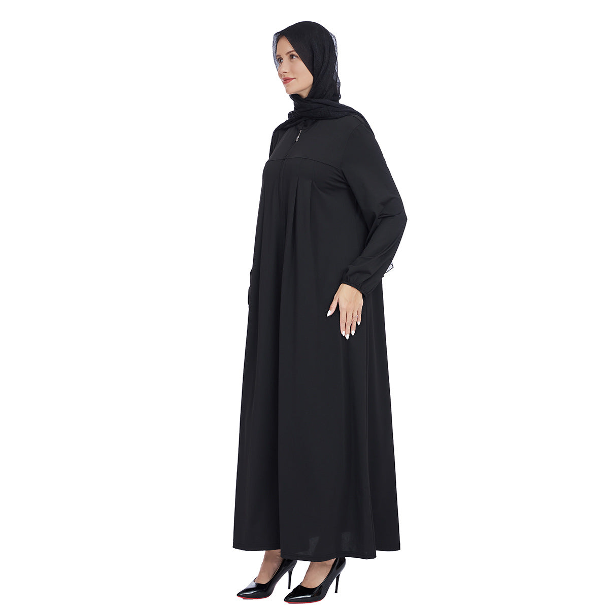 Stand Collar Maxi Dress with Pockets – Modest Long Sleeve Casual Abaya