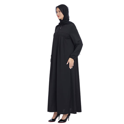 Stand Collar Maxi Dress with Pockets – Modest Long Sleeve Casual Abaya