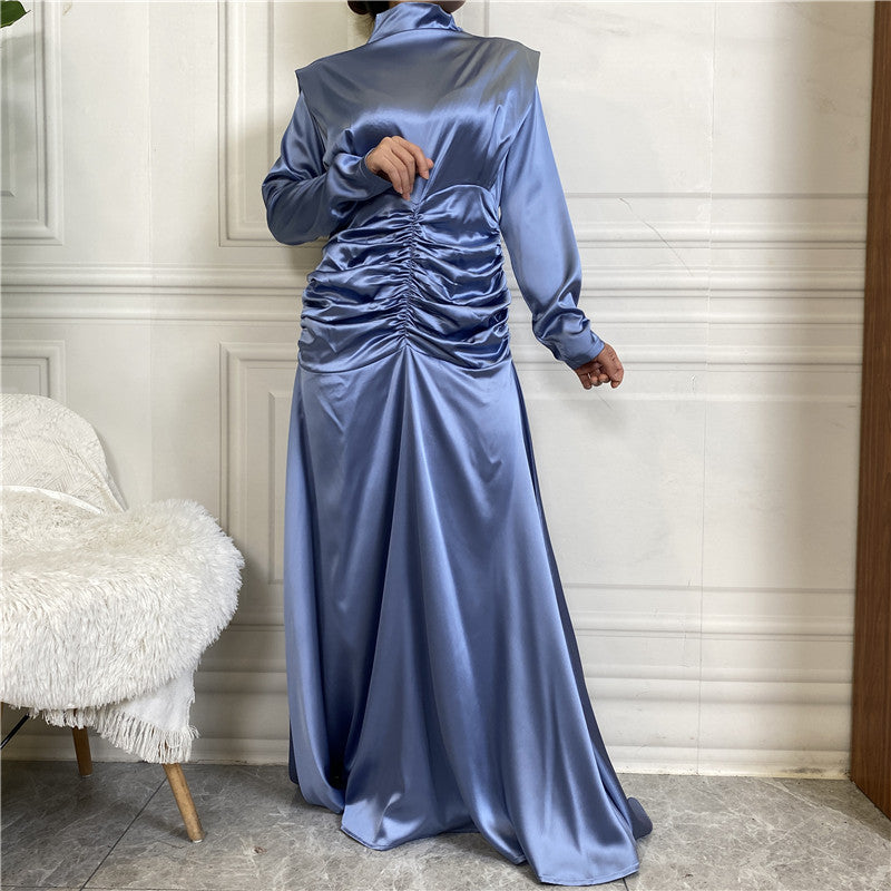 Satin Ruched High-Neck Muslim Evening Gown