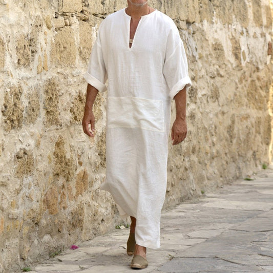 Men Loose Pocket Cotton and Linen Robe