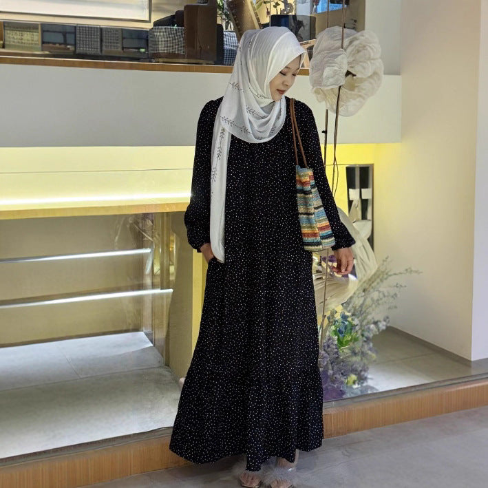 Polka Dot Ruffle Hem Maxi Dress with Puff Sleeves and Pockets