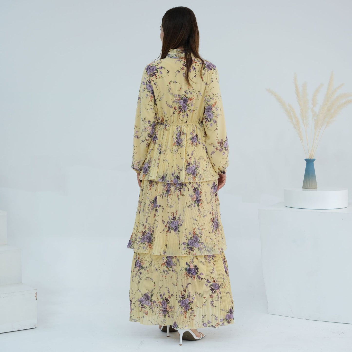 Floral Printed Islamic Modest Belted Tiered Maxi Dress