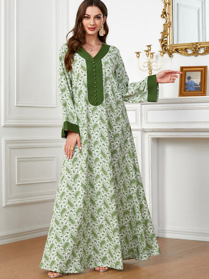 V-neck Panels Stud-buttoned Casual Abaya Dress