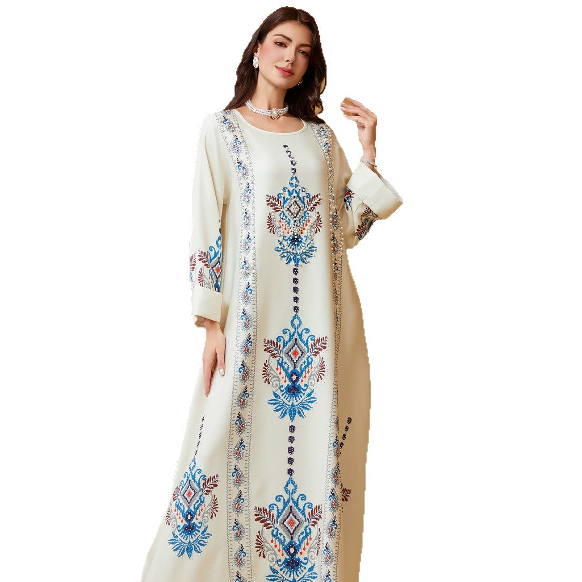 Muslim Polyester Pearl Rhinestone Party Maxi Dress