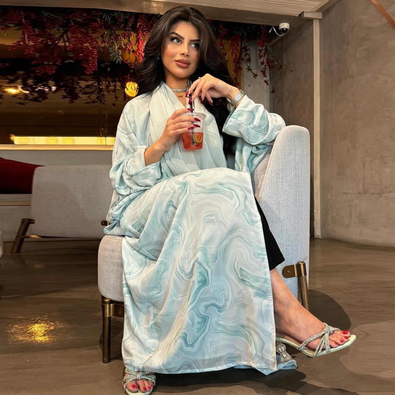 Chiffon Print Robe Open Abaya with Hijab