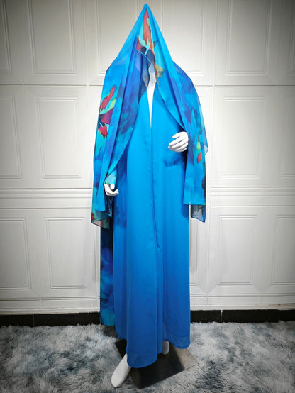 Printed Chiffon Open Abaya Cardigan Two Piece Set with Hijab