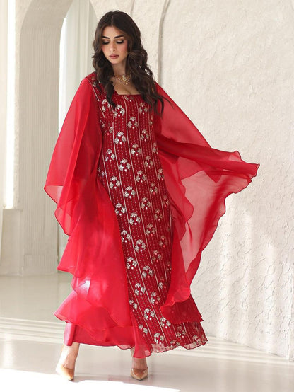 Sequin-embroidered Dolman-sleeved Cinched Waist Dress