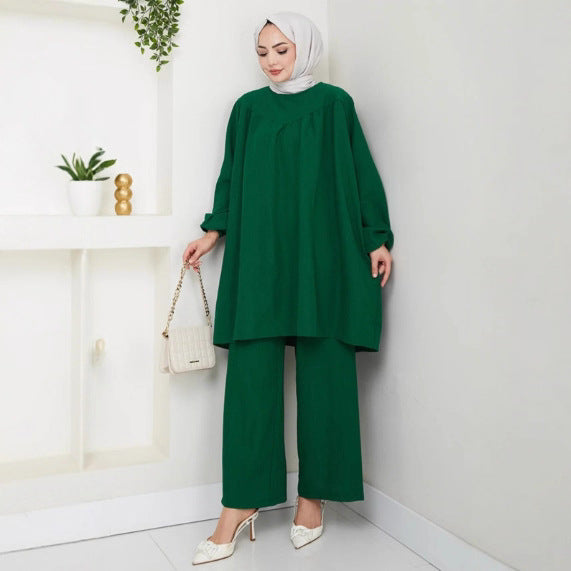 Loose Fit Two Piece Modest Set with Wide Leg Pants