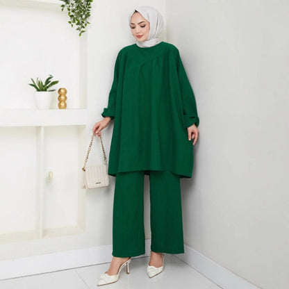 Loose Fit Two Piece Modest Set with Wide Leg Pants