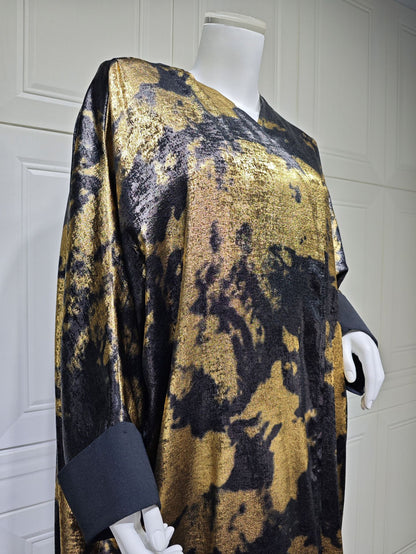 Elegant Black Golden Open Front Abaya Dress
