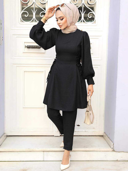 Women's Lace-up Balloon Sleeve Casual Suit