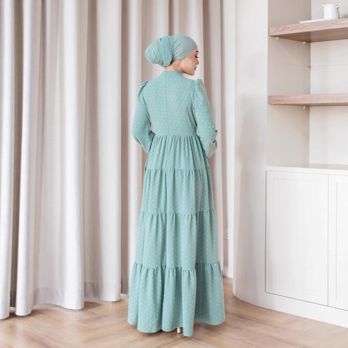 Ruffle Trim Maxi Dress with Lantern Sleeves