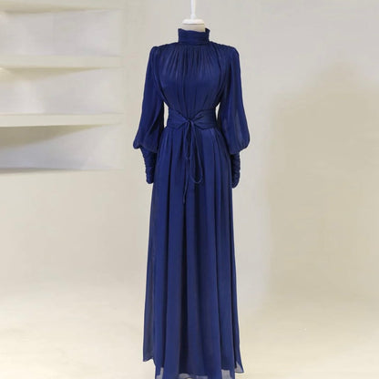 Elegant Pleated Satin Maxi Dress with Waist Belt