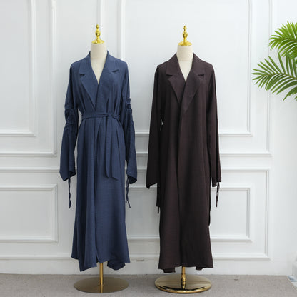 Elegant Blazer-Collar Abaya Cardigan with Ruched Sleeves