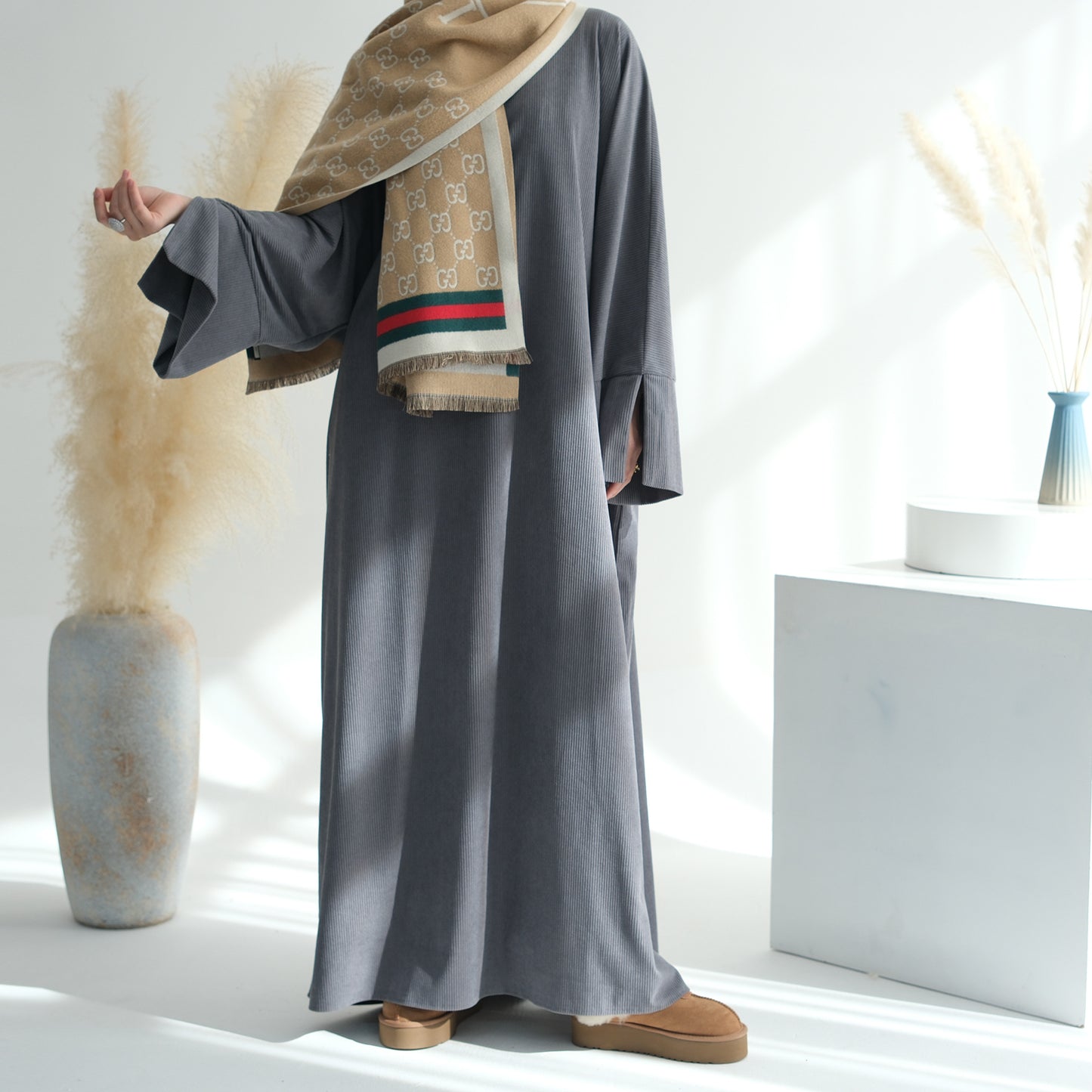 Corduroy Irregular Hem Modest Maxi Dress