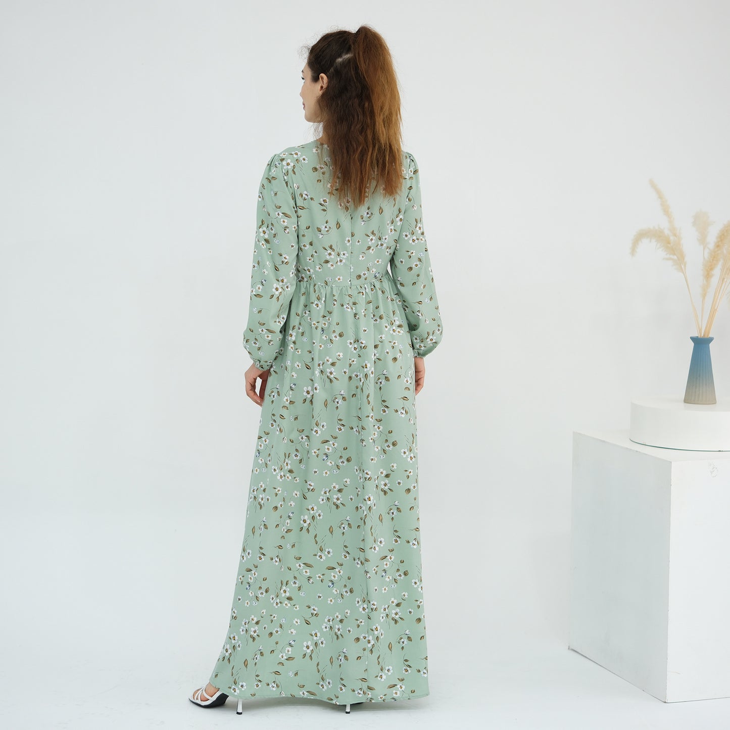 Floral Print Maxi Dress with Waist Tie Modest Long Sleeve