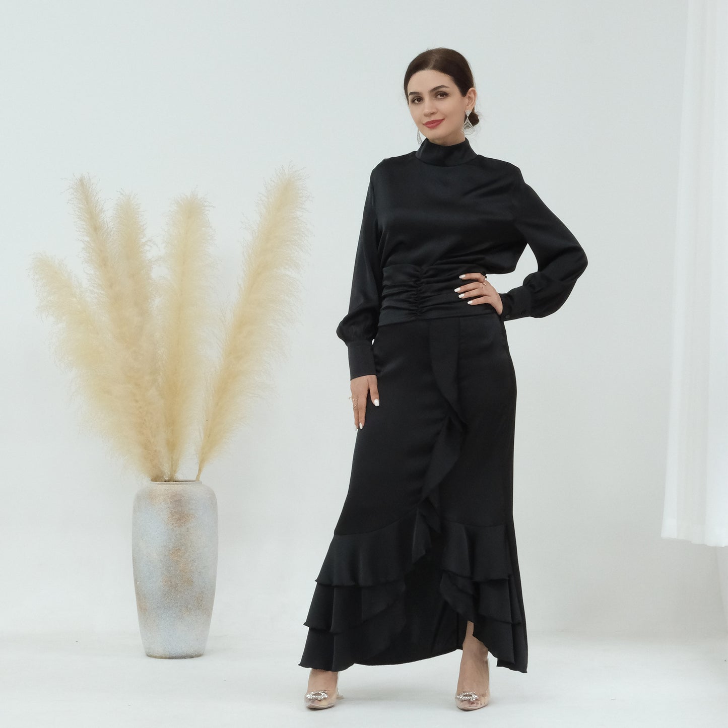 Plain High-neck Pleated Slim Ruffle Tops and Dress Matching Sets