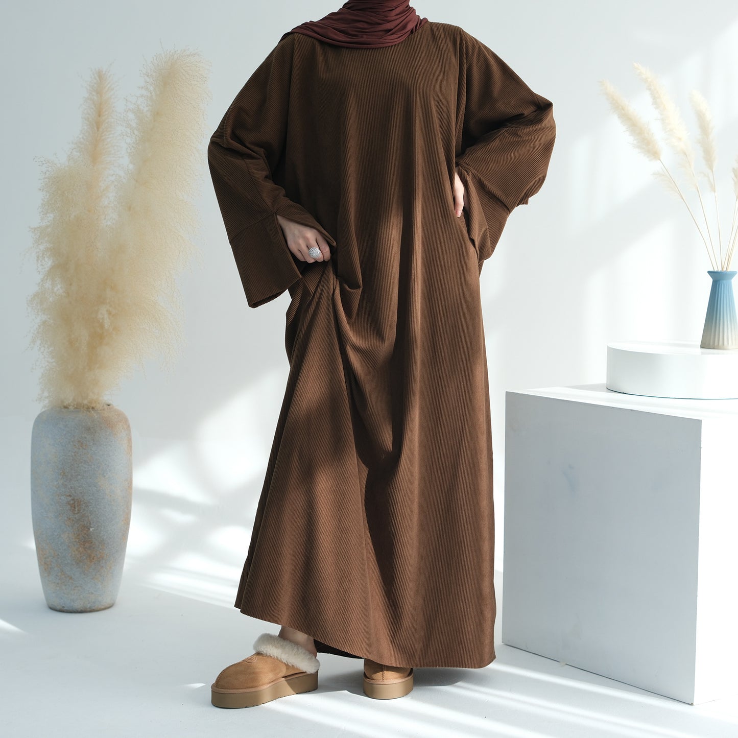 Corduroy Irregular Hem Modest Maxi Dress