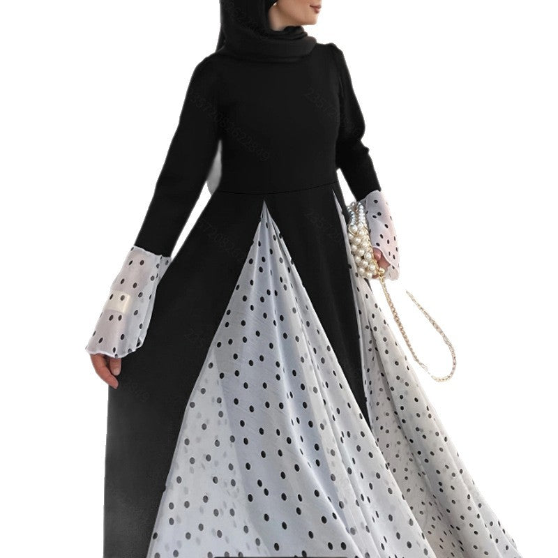 Women's Long Polka Dot Dress with Flared Sleeves Design