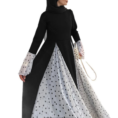 Women's Long Polka Dot Dress with Flared Sleeves Design