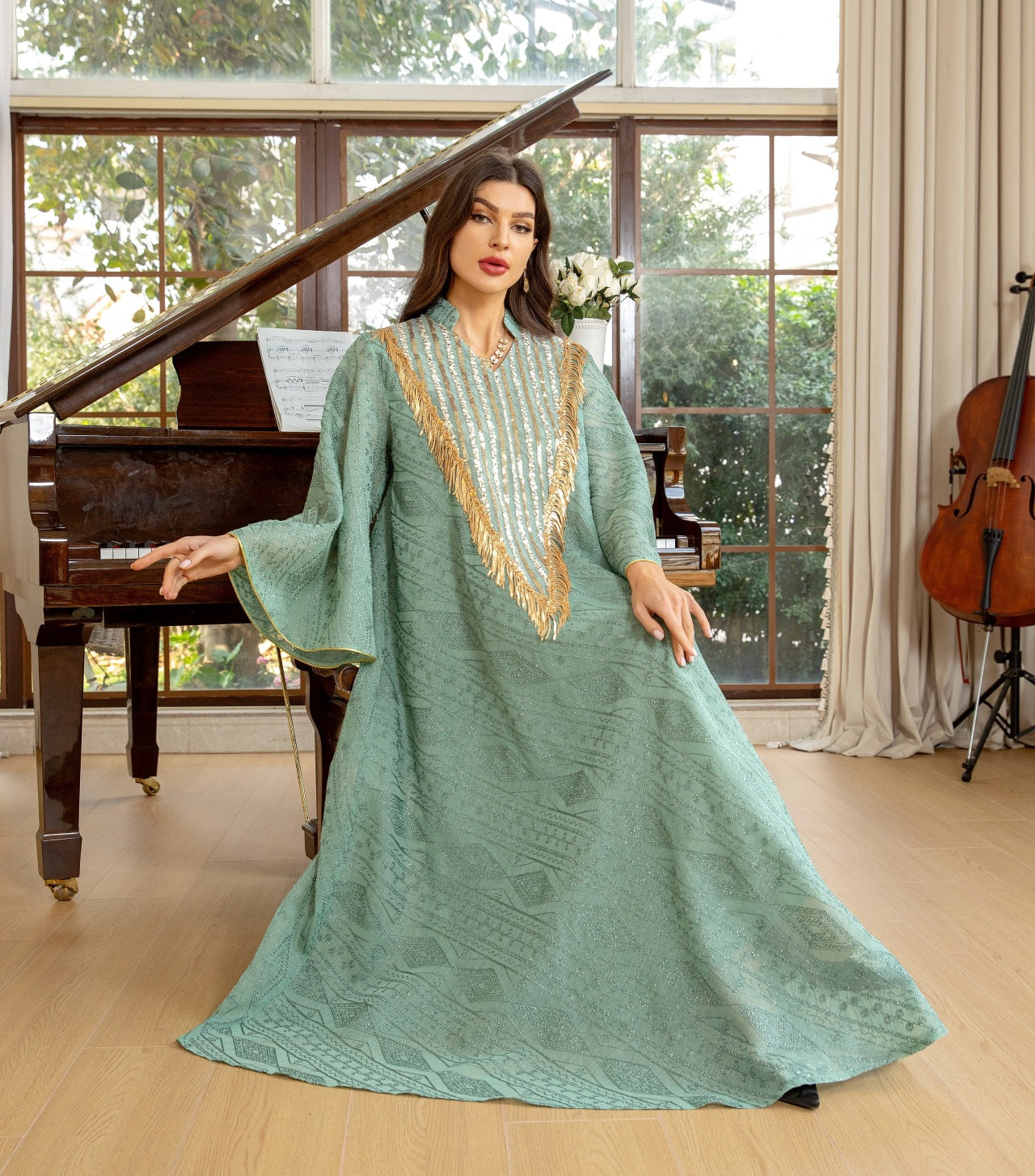 Women's Mesh Embroidered Sequin Jalabiya Dress