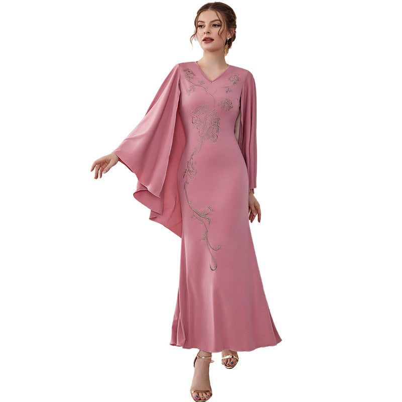 V-neck Bat Sleeve Party Embroidered Dress