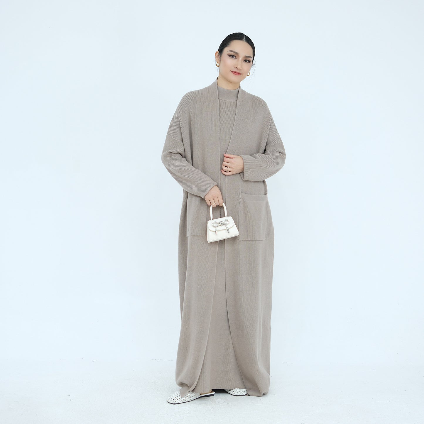Thick Knit Two-Piece Abaya Set with Cardigan and Inner Dress