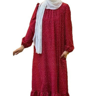 Polka Dot Ruffle Hem Maxi Dress with Puff Sleeves and Pockets