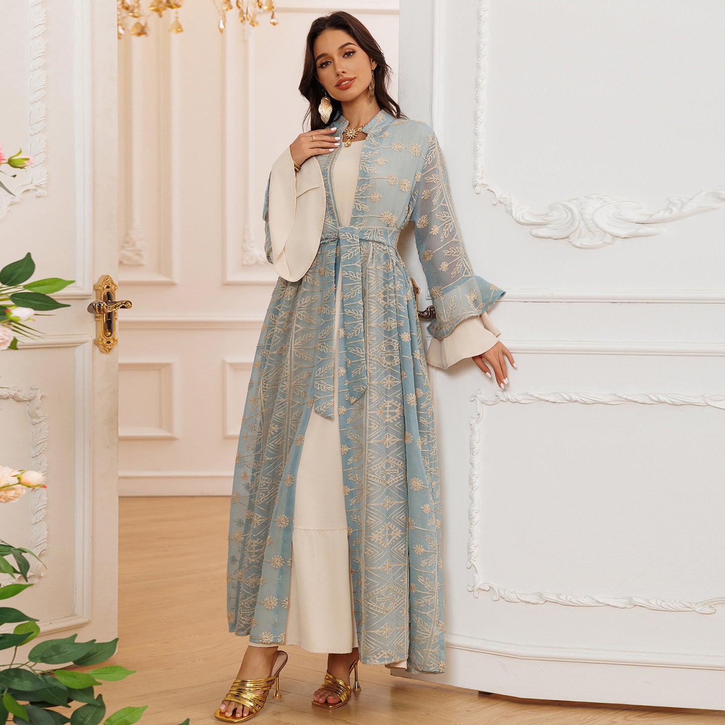Elegant Long Skirt Embroidered Robe Two-piece Set