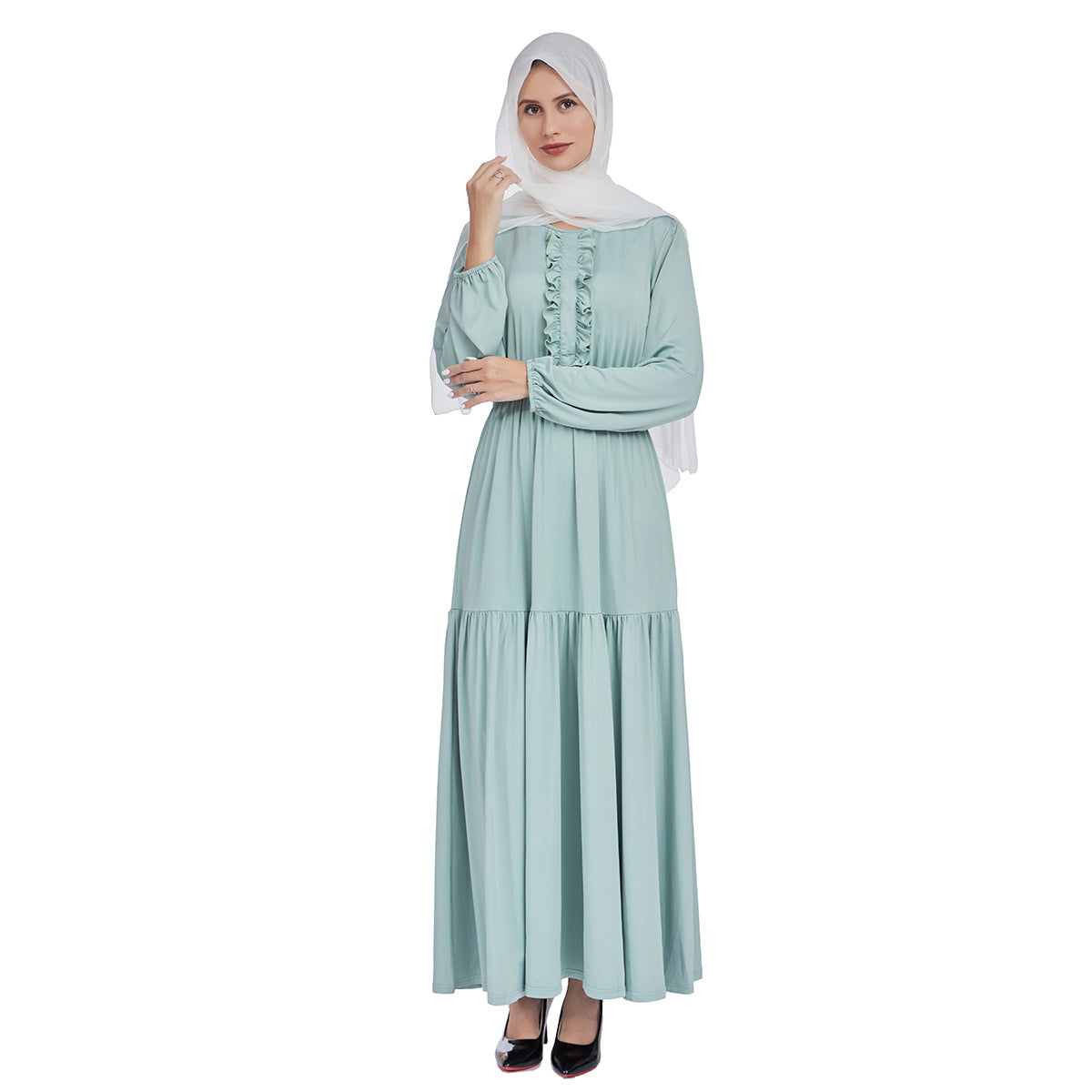 Ruffled Front Maxi Dress with Long Sleeves