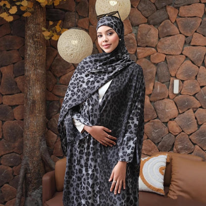 Leopard Abaya Open Front Cardigan in Lightweight Chiffon