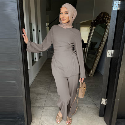 Elegant Modest Two-Piece Set with Long-Sleeve Top and Wide-Leg Pants | Nida Fabric Outfit