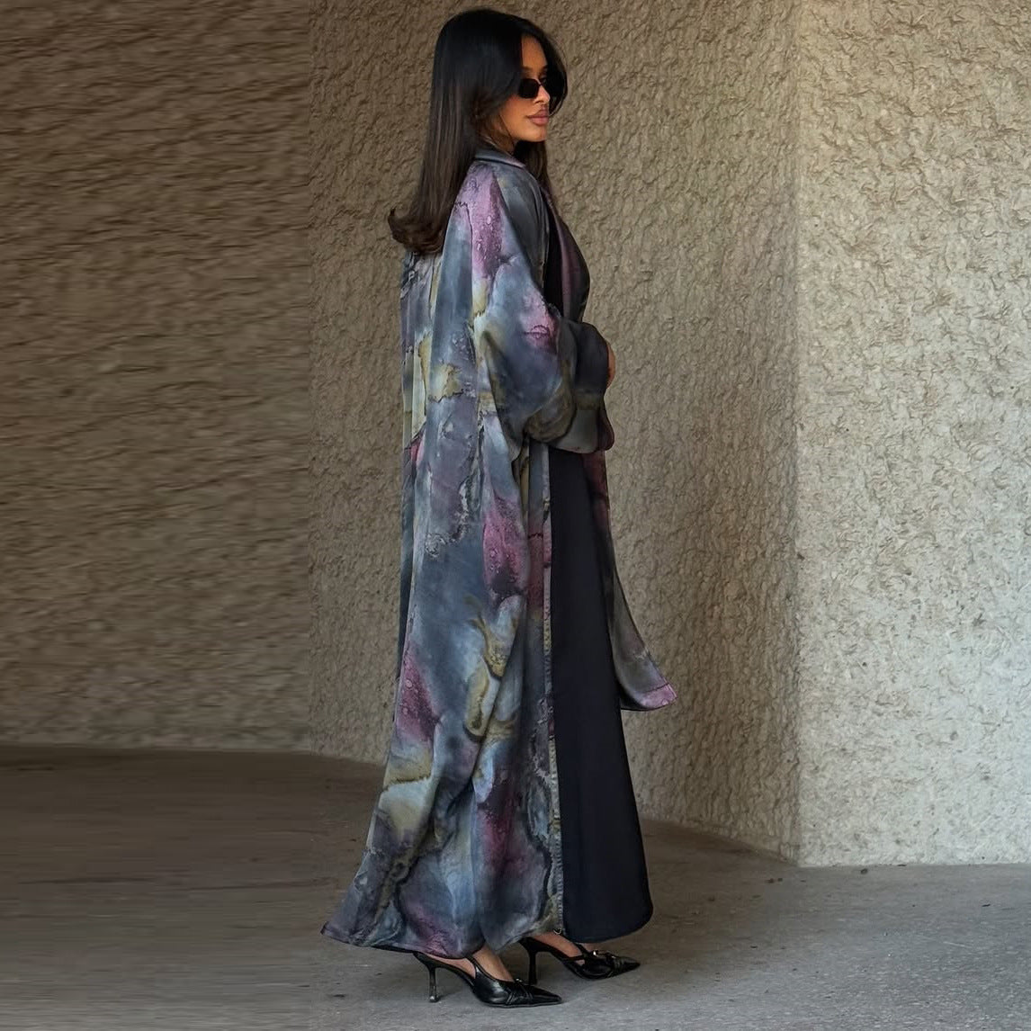 Modest Summer Fashion Satin Print Robe with Headscarf