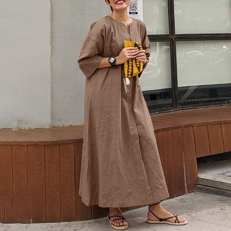 Solid Color Loose Casual Cotton and Linen Dress