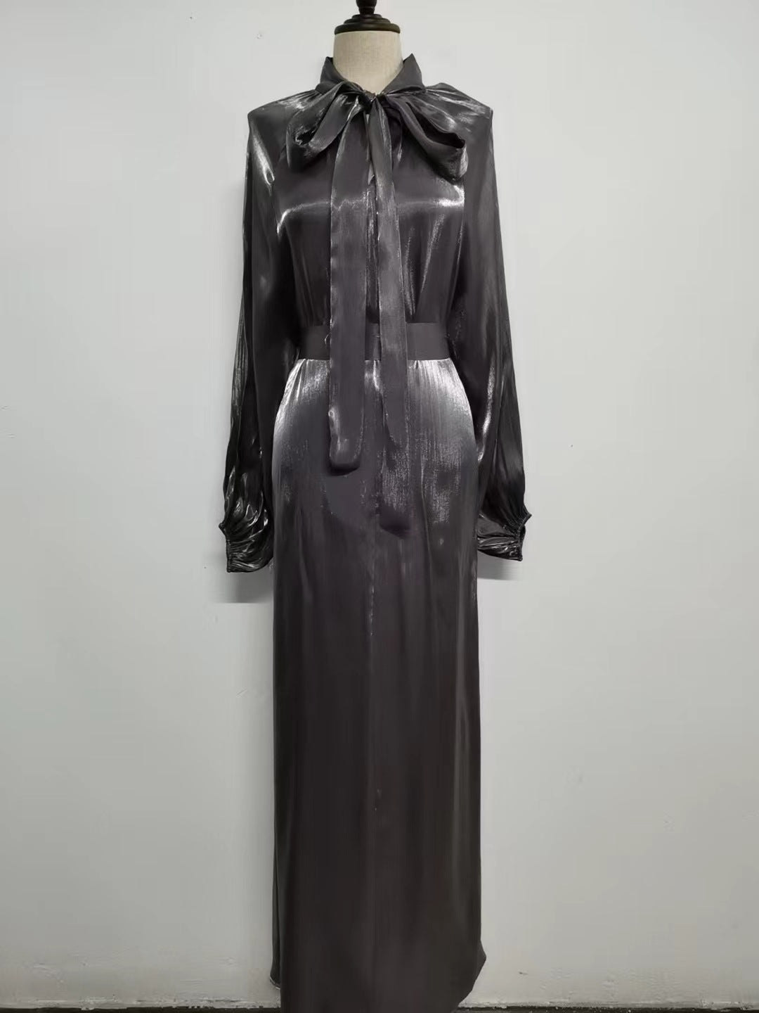 Satin Long Sleeve Maxi Dress with Bow Belt and Lantern Sleeves