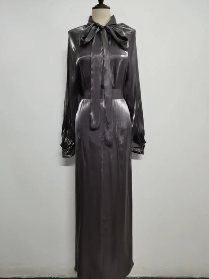 Satin Long Sleeve Maxi Dress with Bow Belt and Lantern Sleeves