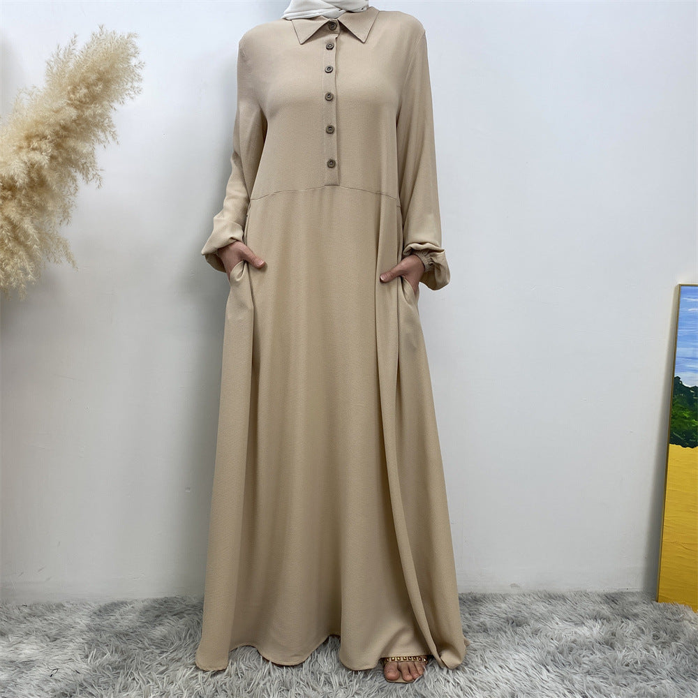 Plain Loose Buttoned Dress with Pockets