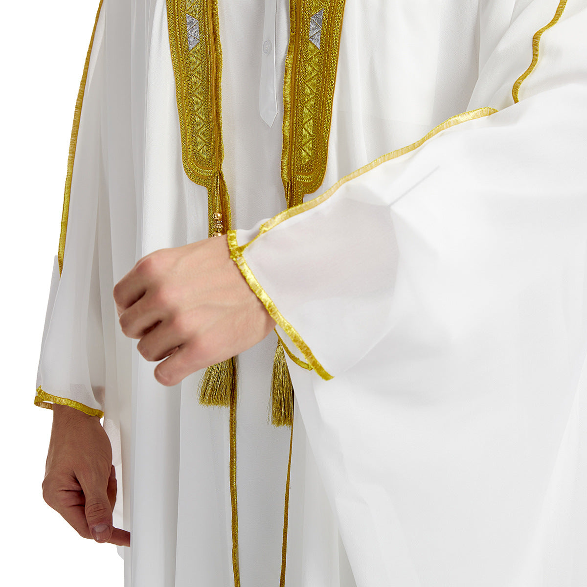 Arabian Men's Embroidered Long Sleeve Bearded Gold Beaded Thobe