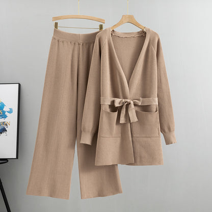 Women's Wide-Leg Pants Knitted Cardigan Two-Piece Set
