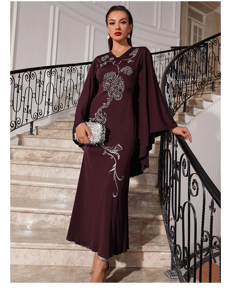 V-neck Bat Sleeve Party Embroidered Dress