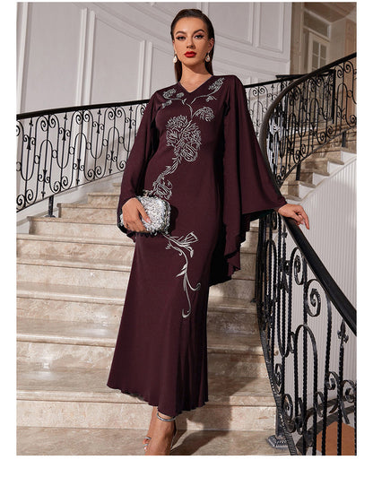 V-neck Bat Sleeve Party Embroidered Dress