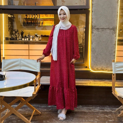 Polka Dot Ruffle Hem Maxi Dress with Puff Sleeves and Pockets