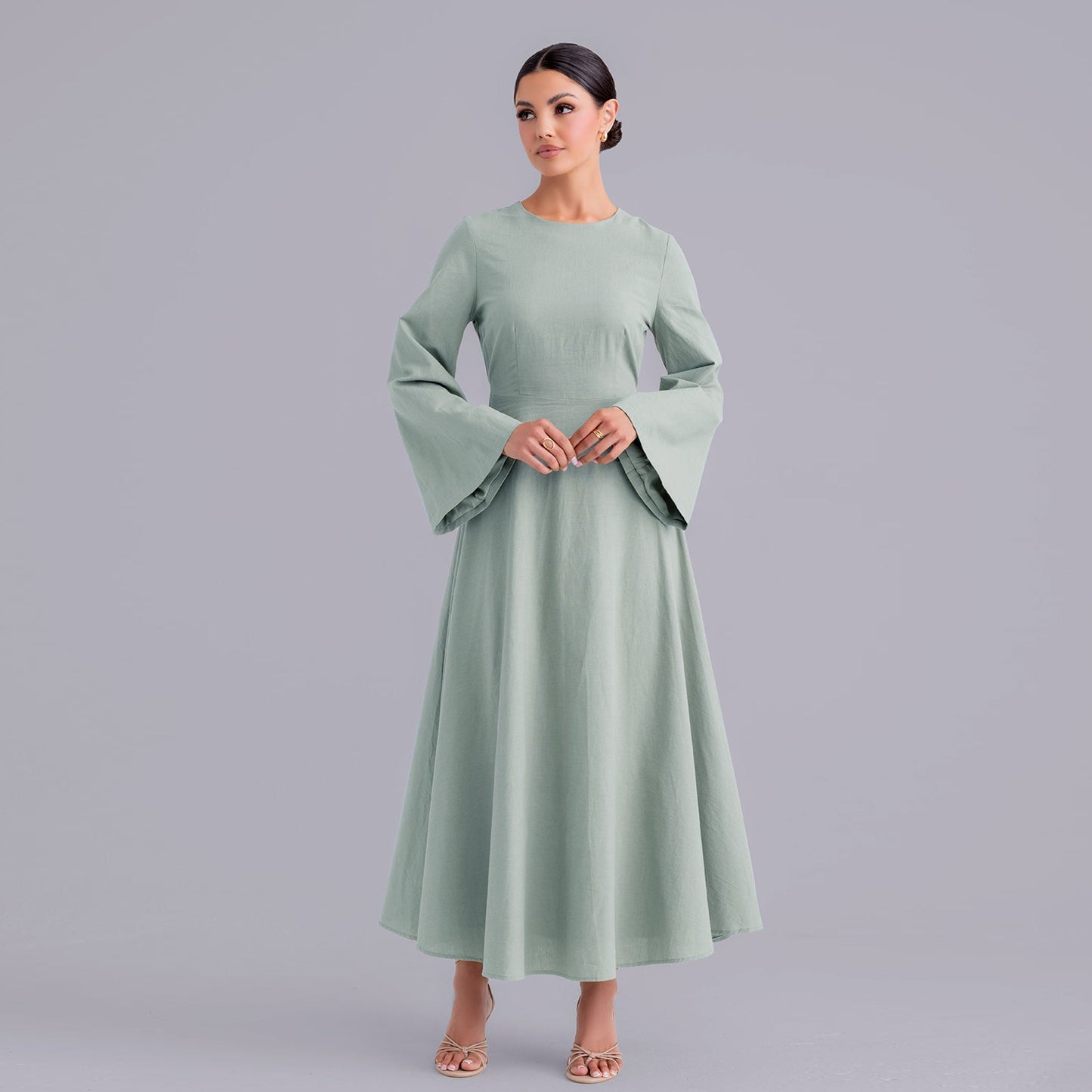 Belted Bamboo Linen Dubai Modest Solid Maxi Day Dress