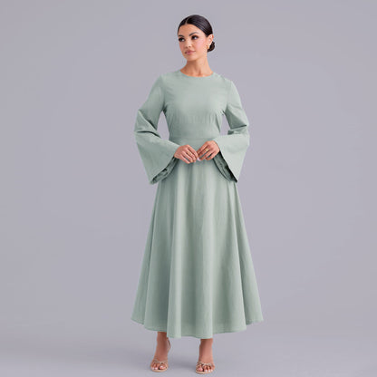 Belted Bamboo Linen Dubai Modest Solid Maxi Day Dress