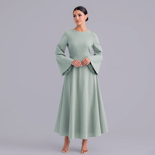 Belted Bamboo Linen Dubai Modest Solid Maxi Day Dress