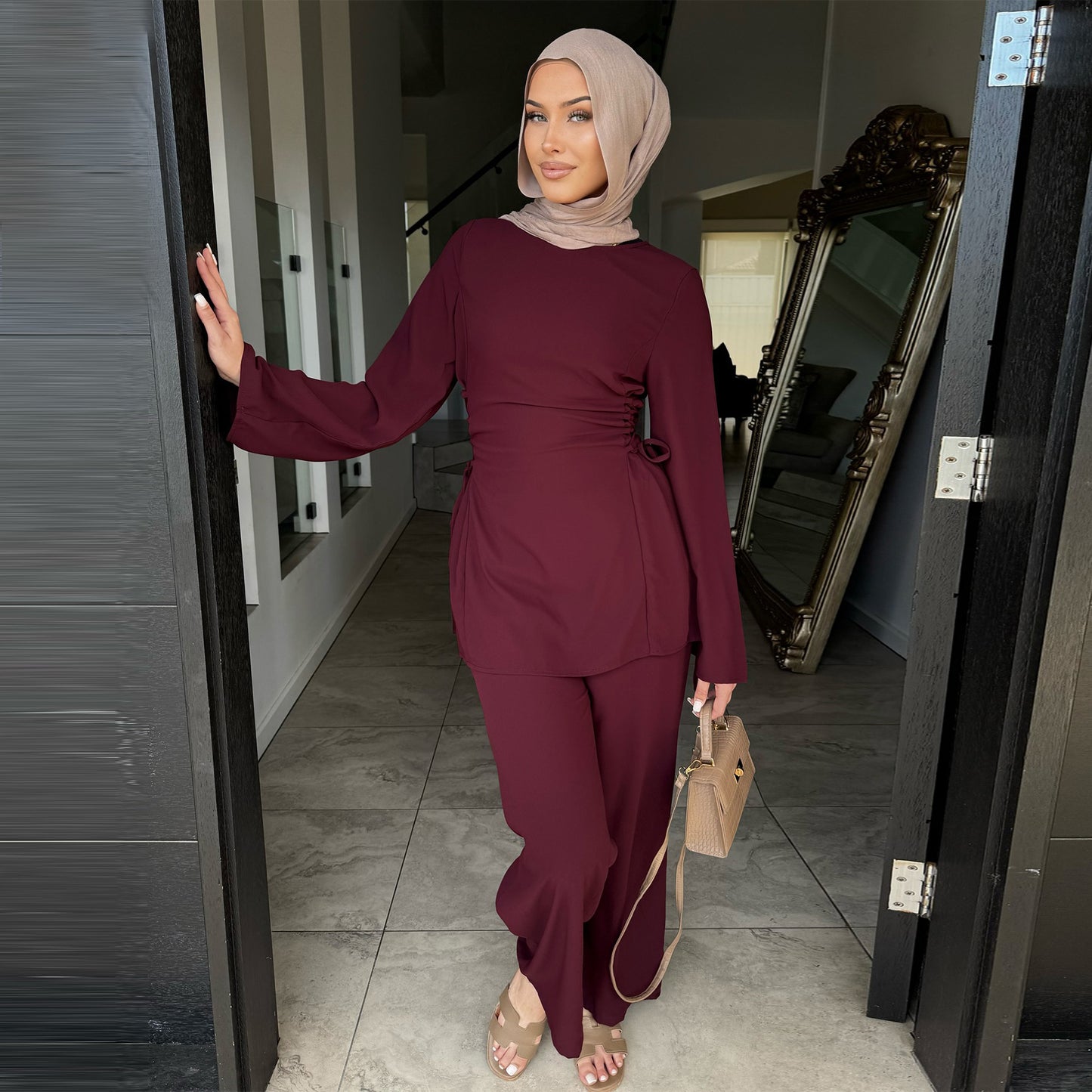 Elegant Modest Two-Piece Set with Long-Sleeve Top and Wide-Leg Pants | Nida Fabric Outfit