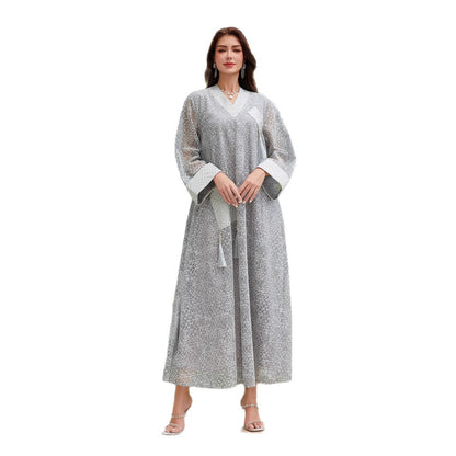 Sheer Mesh Tie-Front Open Muslim Abaya