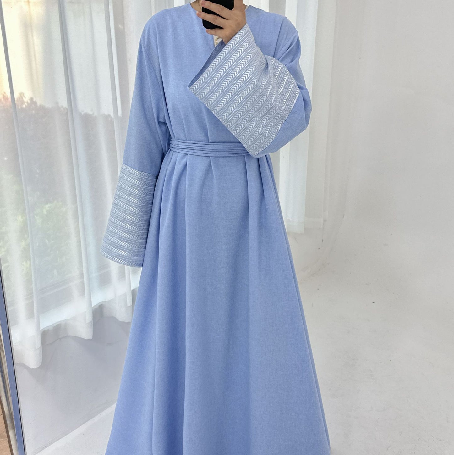 Modest V-neck Embroidery Elegant Abaya Dress