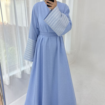 Modest V-neck Embroidery Elegant Abaya Dress